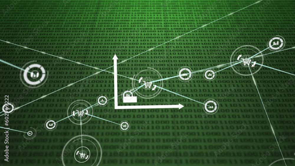 Animation of bar graph, network of digital icons and binary coding against green background Animation of bar graph, network of digital icons and binary coding against green background