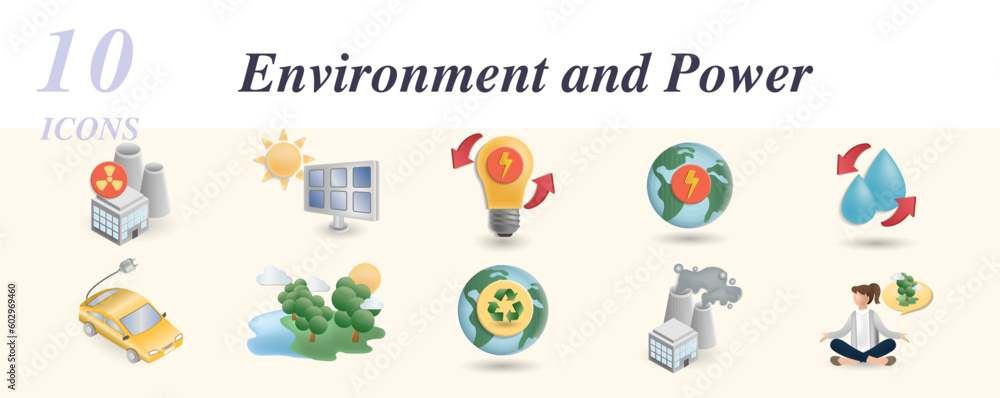 Environment and power set. Creative icons: nuclear energy, solar panel, electric energy, planet ecology, water resources, electric car, recycling, factory pollution, green thinking. Environment and power set. Creative icons: nuclear energy, solar panel, electric energy, planet ecology, water resources, electric car, recycling, factory pollution, green thinking.