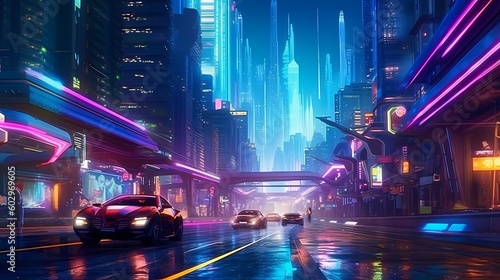 Electric car racing through a neon-lit cityscape