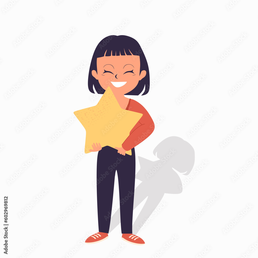 Happy girl customer holding big golden star in his hand, giving feedback and review of products and services. Smiling girl is very satisfied with the purchase, voting and recommending. Flat vector Happy girl customer holding big golden star in his hand, giving feedback and review of products and services. Smiling girl is very satisfied with the purchase, voting and recommending. Flat vector