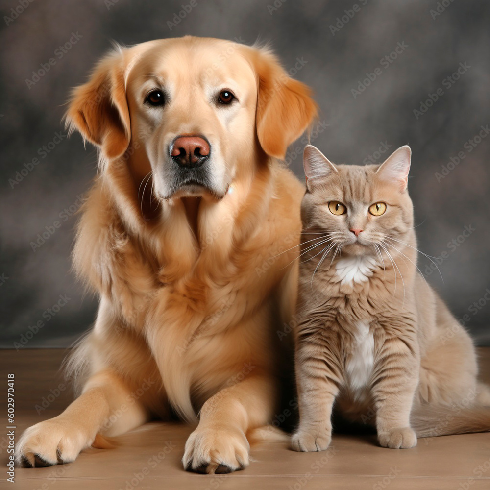 Golden retriever and british shorthair cat on a gray background. Generative ai. Golden retriever and british shorthair cat on a gray background. Generative ai.