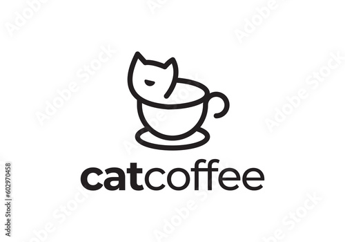 cup with cat logo design. creative coffee linear style template vector