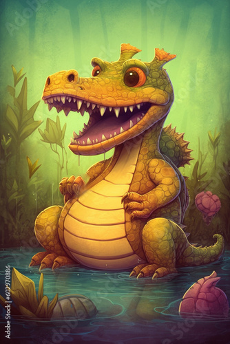 Whimsical and Colorful Digital Comic Art  The Playful Adventures of Sarcosuchus in a Prehistoric World AI generated