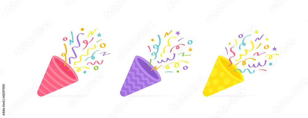 Party popper with confetti clipart. Colorful exploding popper for celebration, graduation, party and birthday day. Vector illustration Party popper with confetti clipart. Colorful exploding popper for celebration, graduation, party and birthday day. Vector illustration