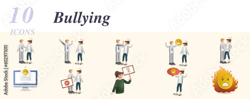 Bullying set. Creative icons: sexual harassment, violence, beating, abuse, rape, threatening letter, stop harassment, metoo, bullying, hate.