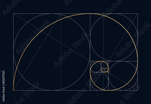 Golden ratio design template. Geometric Figure in law of golden ratio. Golden spiral, golden section, Fibonacci array, Fibonacci numbers. Vector illustration