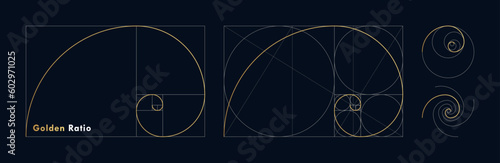 Golden ratio design template. Set of different figures and shapes in law of golden ratio. Golden spiral, golden section, Fibonacci array, Fibonacci numbers