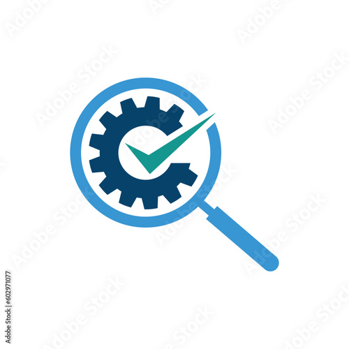 Check and magnifying glass gear shape logo design