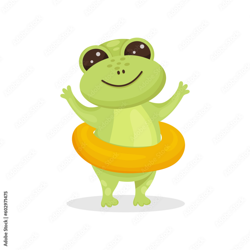 Cartoon frog with inflatable ring isolated on a white background. Vector illustration. Kids inflatable circle. Good for designs, prints, patterns. Cartoon frog with inflatable ring isolated on a white background. Vector illustration. Kids inflatable circle. Good for designs, prints, patterns.