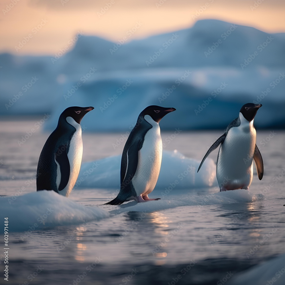 Fototapeta premium Penguins in Antarctica on ice. AI generative.