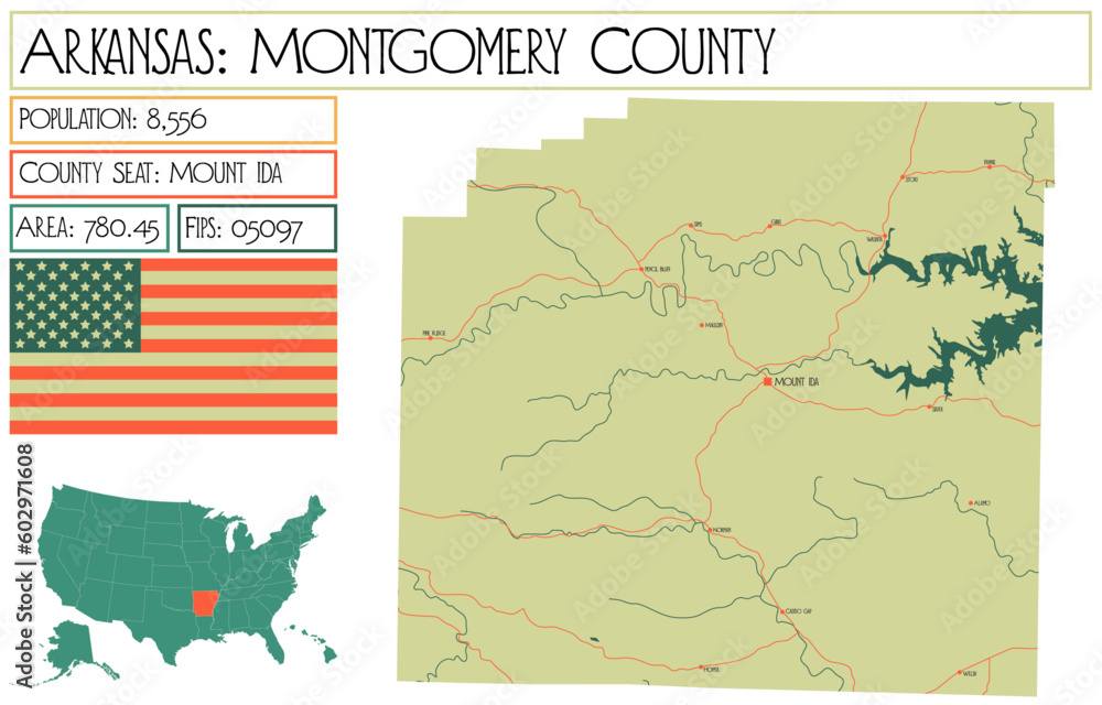 Fototapeta Large and detailed map of Montgomery County in Arkansas, USA.