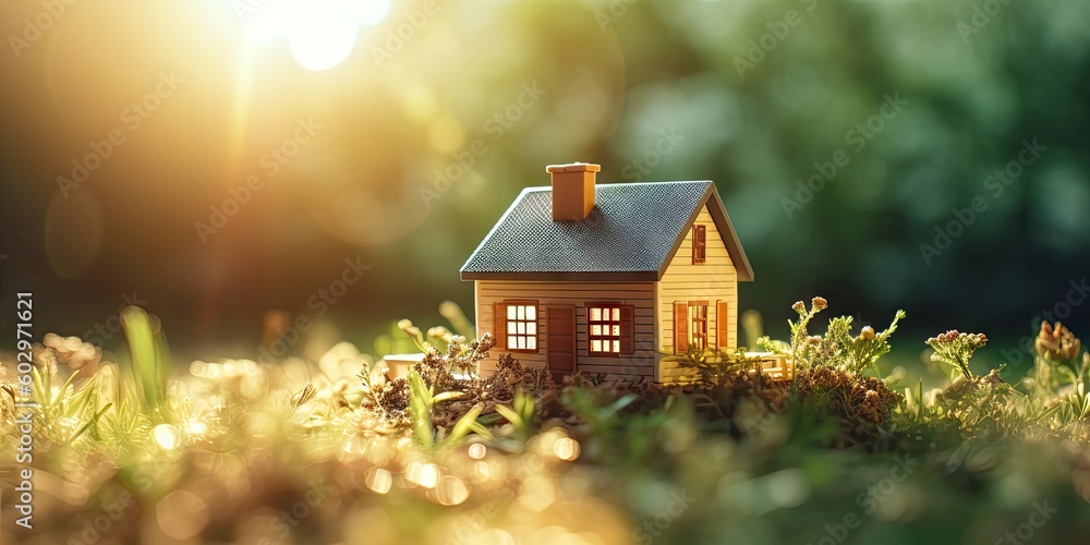 Close Up Mini House. Outdoor Green Field Garden. Growth Concept. Generative AI illustrations. Close Up Mini House. Outdoor Green Field Garden. Growth Concept. Generative AI illustrations.