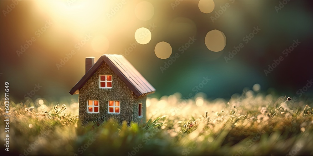 Close Up Mini House. Outdoor Green Field Garden. Growth Concept. Generative AI illustrations. Close Up Mini House. Outdoor Green Field Garden. Growth Concept. Generative AI illustrations.