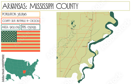 Large and detailed map of Mississippi County in Arkansas, USA.