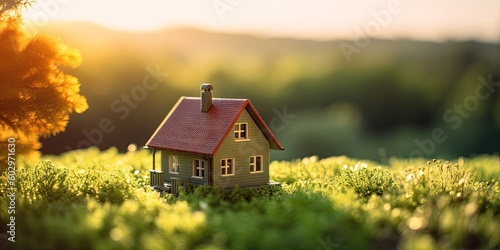 Close Up Mini House. Outdoor Green Field Garden. Growth Concept. Generative AI illustrations.