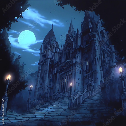 Haunted Castle at Night in Blue Color