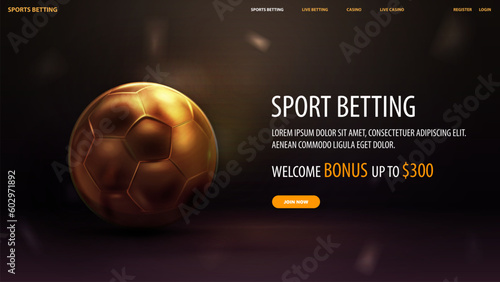 Sports betting, web banner for website with offer and gold soccer ball on blurred background