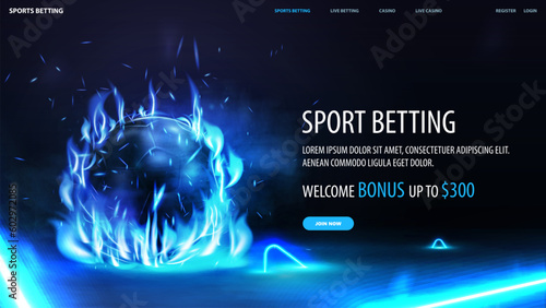 Sports betting, blue banner for website with offer and black football ball in blue flame