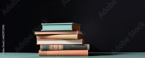 stack of various school books on the background of an empty black chalk board