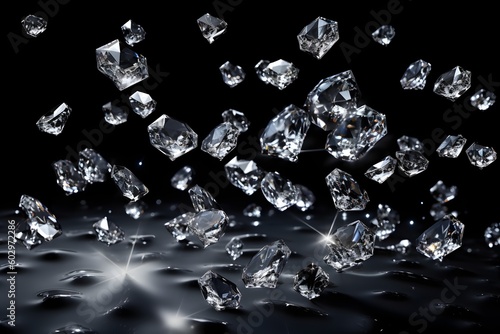 close up view of shiny diamonds scattered on black background, ai tools generated image