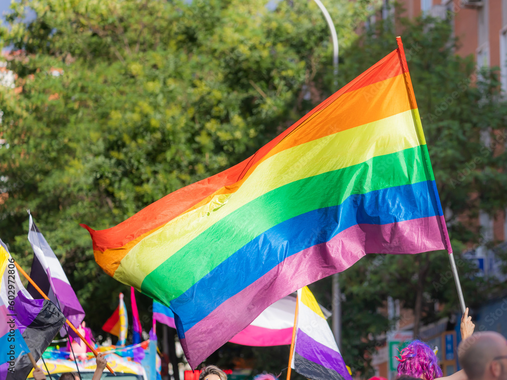 Pride day 2023. People at the pride parade with LGBTIQ flags