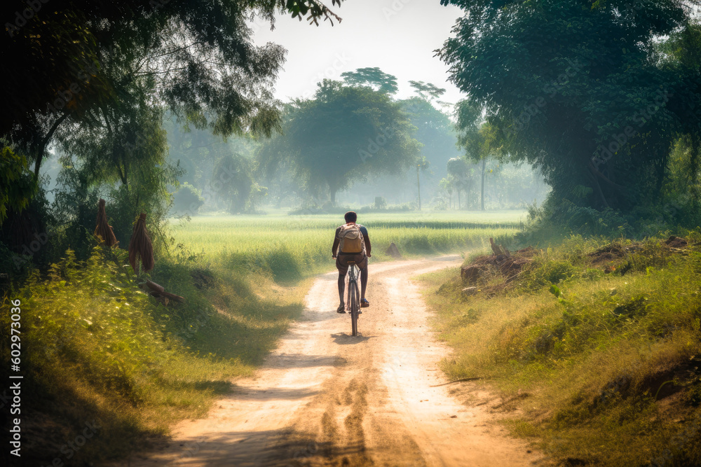 Obraz premium Cyclist cycling in rural area. Cyclist in motion. Young sport man rides along countryside road. Generative AI