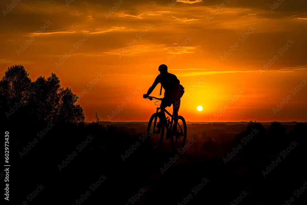 Obraz premium Cyclist on mountain bike riding silhouette in red sunset light. Cyclist in motion. Young sport man rides along countryside road. Generative AI