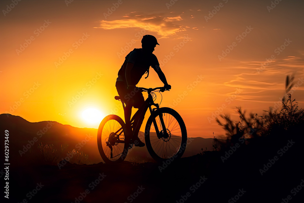 Cyclist on mountain bike riding silhouette in sunset light. Cyclist in motion. Young sport man rides along countryside road. Generative AI