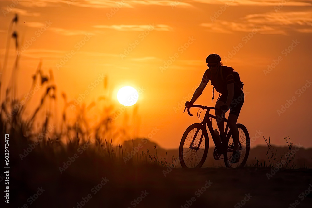 Obraz premium Cyclist on mountain bike riding silhouette in red sunset light. Cyclist in motion. Young sport man rides along countryside road. Generative AI