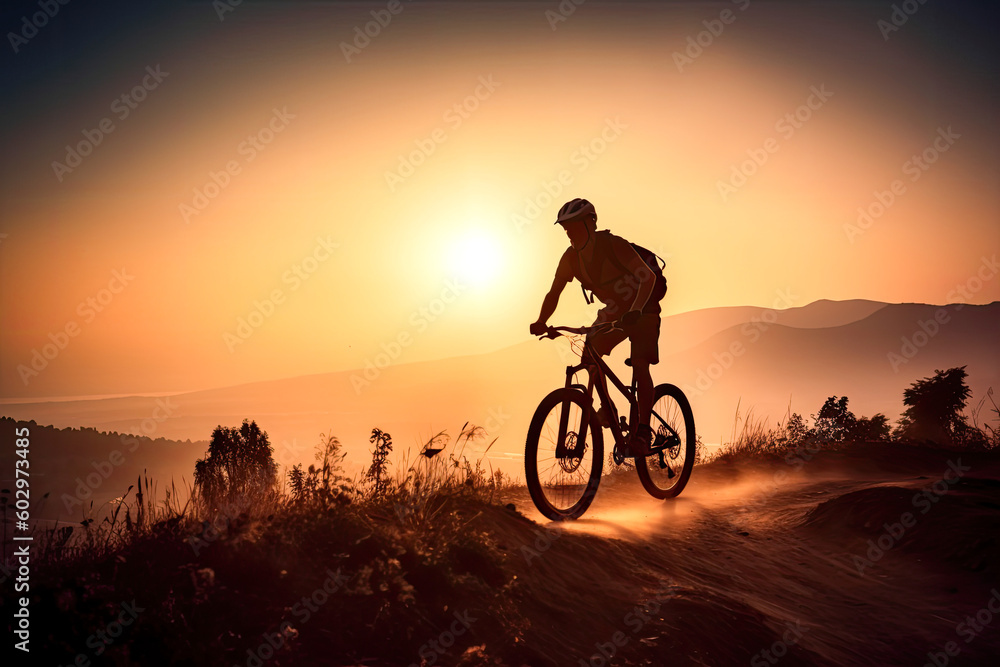 Obraz premium Cyclist on mountain bike riding silhouette in sunset light. Cyclist in motion. Young sport man rides along countryside road. Generative AI