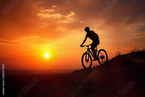 Cyclist on mountain bike riding silhouette in red sunset light. Cyclist in motion. Young sport man rides along countryside road. Generative AI