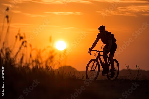 Cyclist on mountain bike riding silhouette in red sunset light. Cyclist in motion. Young sport man rides along countryside road. Generative AI