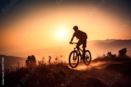 Cyclist on mountain bike riding silhouette in sunset light. Cyclist in motion. Young sport man rides along countryside road. Generative AI © MVProductions