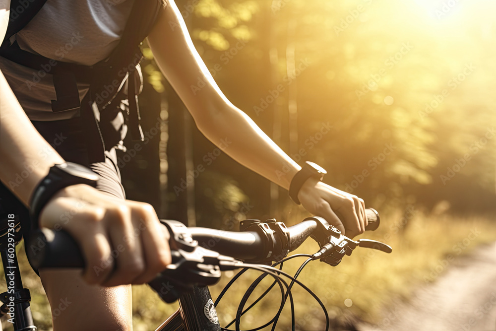 Female cyclist cycling uphill on sunny mountain road closeup. Cyclist in motion. Young sporty active woman rides along countryside road. Generative AI Female cyclist cycling uphill on sunny mountain road closeup. Cyclist in motion. Young sporty active woman rides along countryside road. Generative AI