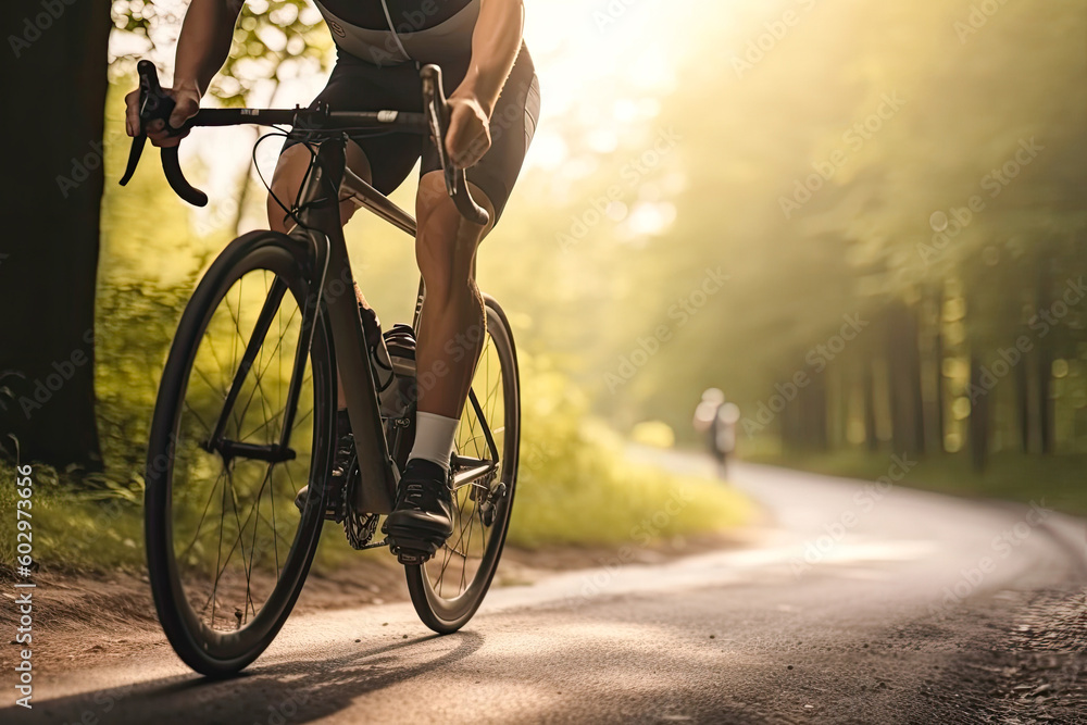 Male cyclist cycling uphill on sunny mountain road closeup. Cyclist in motion. Young sporty active man rides along countryside road. Generative AI
