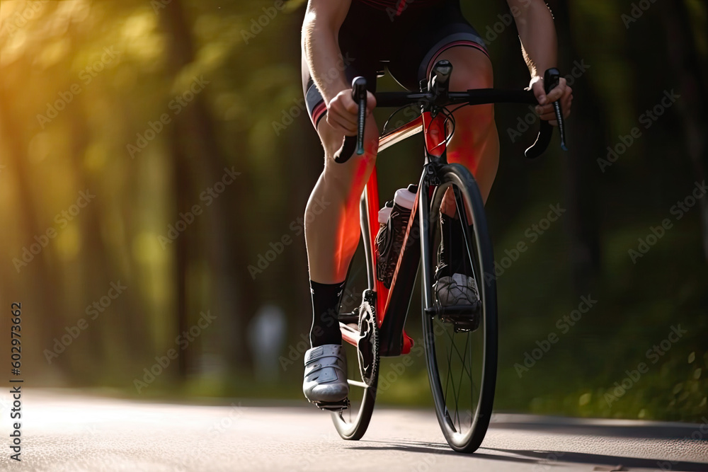 Male cyclist cycling uphill on sunny mountain road closeup. Cyclist in motion. Young sporty active man rides along countryside road. Generative AI Male cyclist cycling uphill on sunny mountain road closeup. Cyclist in motion. Young sporty active man rides along countryside road. Generative AI