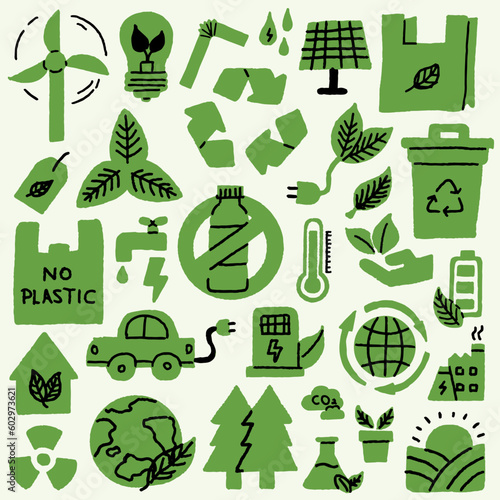 Seamless vector illustration of hand drawn ecology icons. Background pattern with recycle energy saving elements to help global warming. A sustainable future vector with bio energy, solar power, etc.