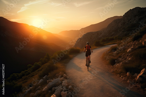 Female cyclist cycling uphill on sunny mountain road. Cyclist in motion. Young sporty active woman rides along countryside road. Generative AI