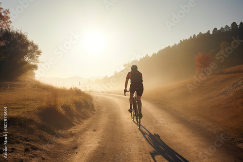 Female cyclist cycling uphill on sunny mountain road. Cyclist in motion. Young sporty active woman rides along countryside road. Generative AI © MVProductions