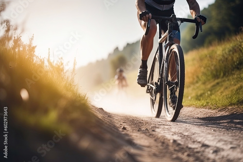 Male cyclist cycling uphill on sunny mountain road closeup. Cyclist in motion. Young sporty active man rides along countryside road. Generative AI