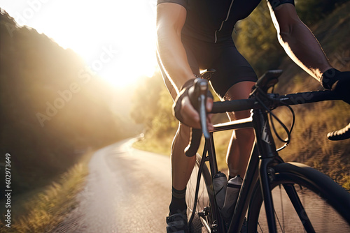Male cyclist cycling uphill on sunny mountain road closeup. Cyclist in motion. Young sporty active man rides along countryside road. Generative AI