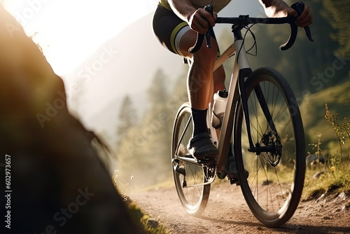 Male cyclist cycling uphill on sunny mountain road closeup. Cyclist in motion. Young sporty active man rides along countryside road. Generative AI