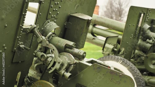 Close-up of the controls of the 76-mm ZIS-3 howitzer cannon. The most massive Soviet cannon from the Second World War photo