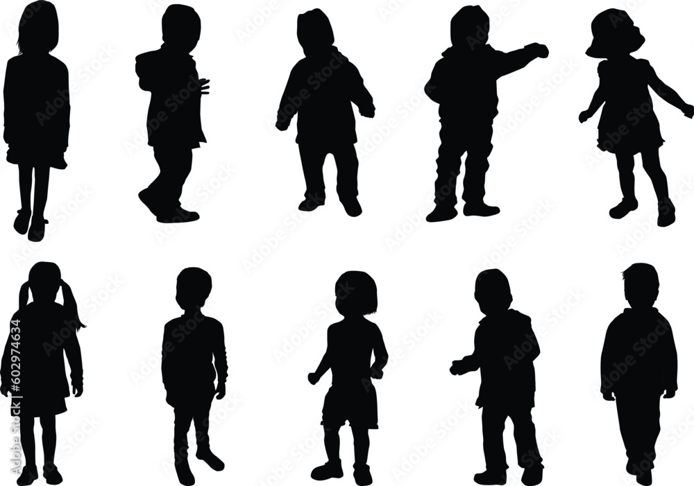 Group of dancing children, black silhouettes.	