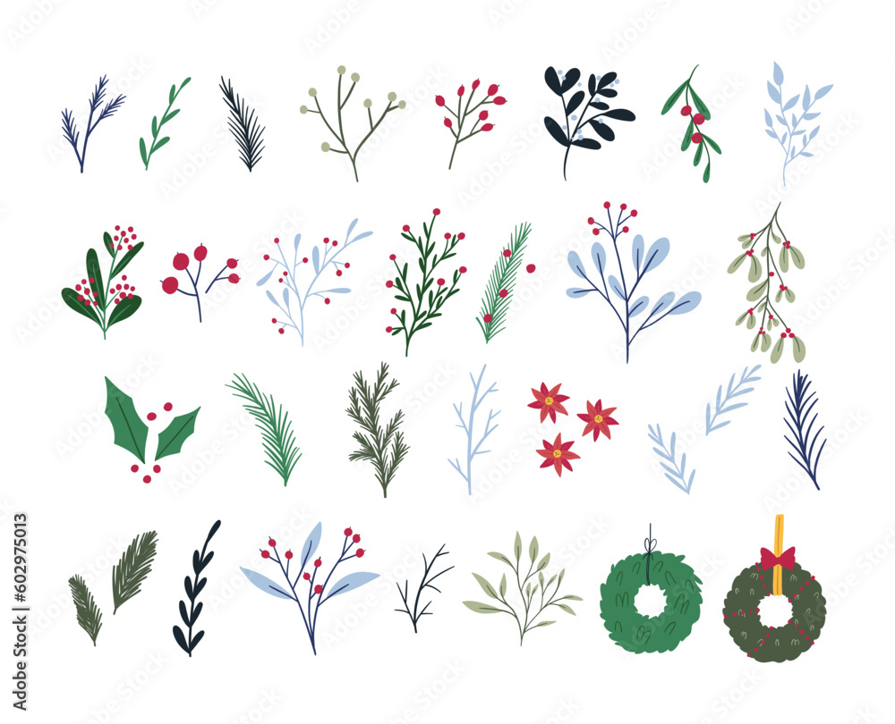 © lumionary - Set of cute hand drawn winter botany elements, flat vector illustration isolated on white background. Various branches, flowers, berries and wreaths. Floral Christmas decoration collection.