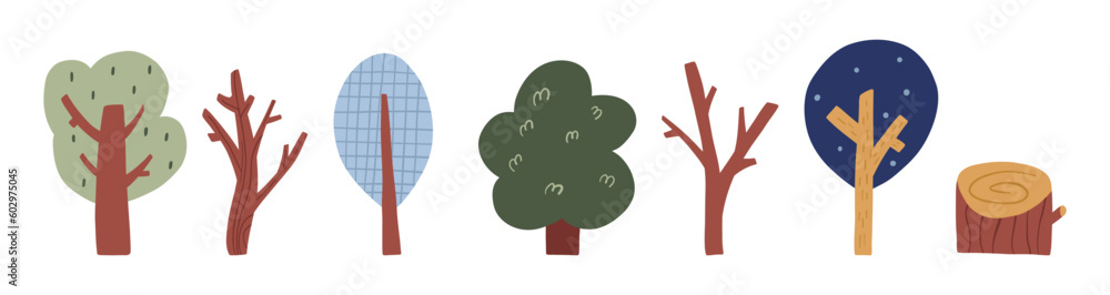 Set of cute hand drawn trees, cartoon flat vector illustration isolated on white background. Simple textured trees, bare and with leaves. Garden, forest, woods. Set of cute hand drawn trees, cartoon flat vector illustration isolated on white background. Simple textured trees, bare and with leaves. Garden, forest, woods.