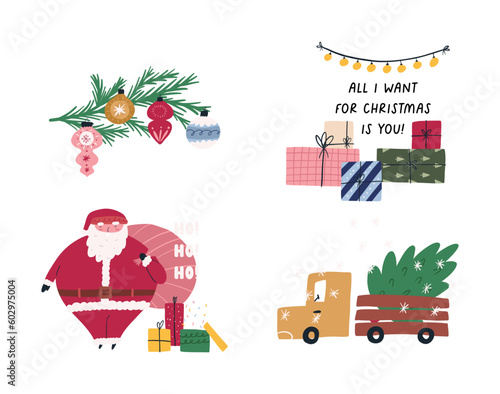 Christmas greetings and winter compositions, cartoon flat vector illustration isolated on white background. Funny Santa Claus with gift boxes, hand drawn fir tree branch decorated with ornaments.