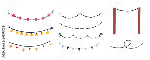 Set of cute fairy lights and garlands, cute flat vector illustration isolated on white background. Simple drawings of holiday decorations. Small bulbs on string.
