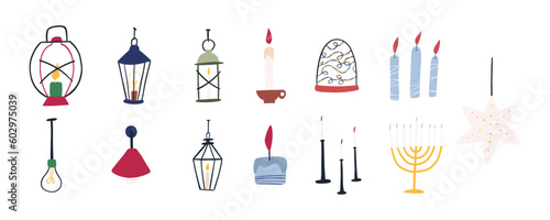 Set of cute hand drawn lamps, lanterns and fairy lights - cartoon flat vector illustration isolated on white background. Various candles, holiday star lights and Hanukkah menorah.