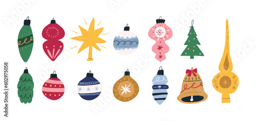 Set of Christmas tree ornaments, cartoon flat vector illustration isolated on white background. Cute hand drawn Christmas decorations. Colorful retro baubles.